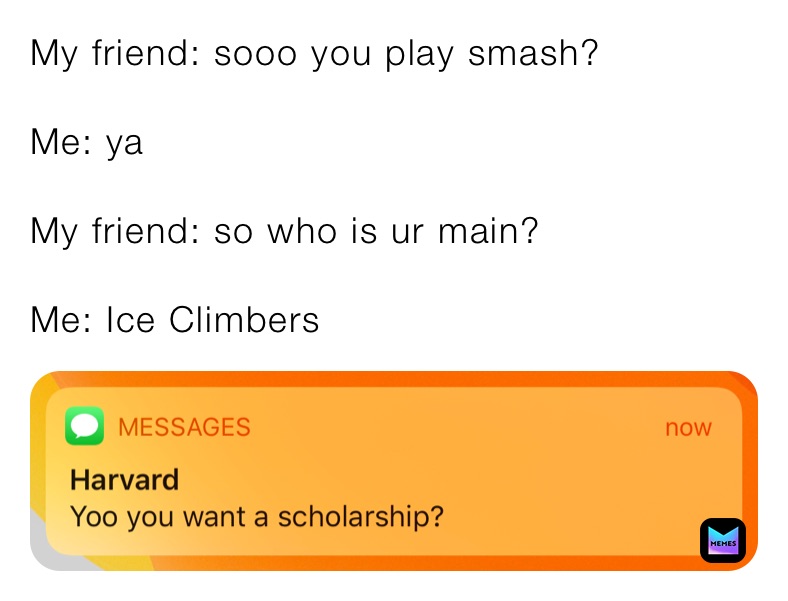 My friend: sooo you play smash?

Me: ya 

My friend: so who is ur main?

Me: Ice Climbers 