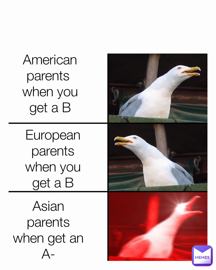 European parents when you get a B Type Text Asian parents when get an A- American parents 
when you get a B