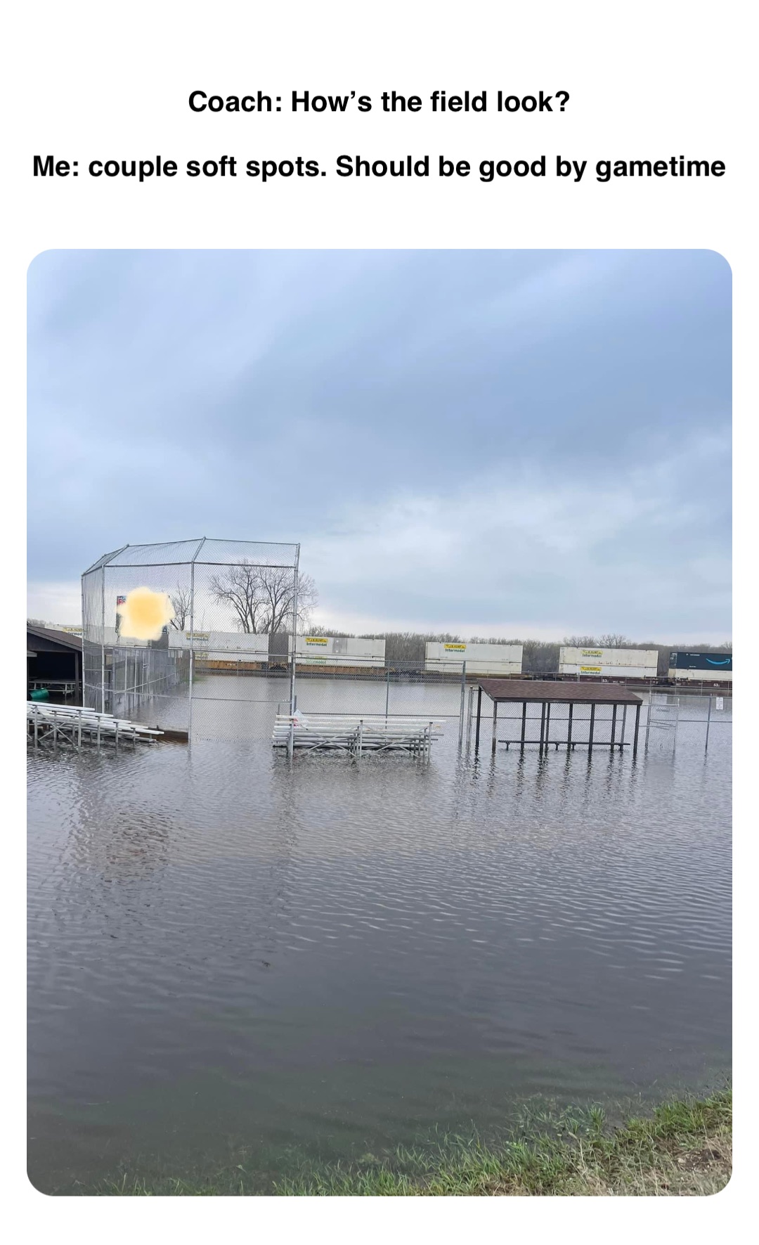 Double tap to edit Coach: How’s the field look?

Me: couple soft spots. Should be good by gametime