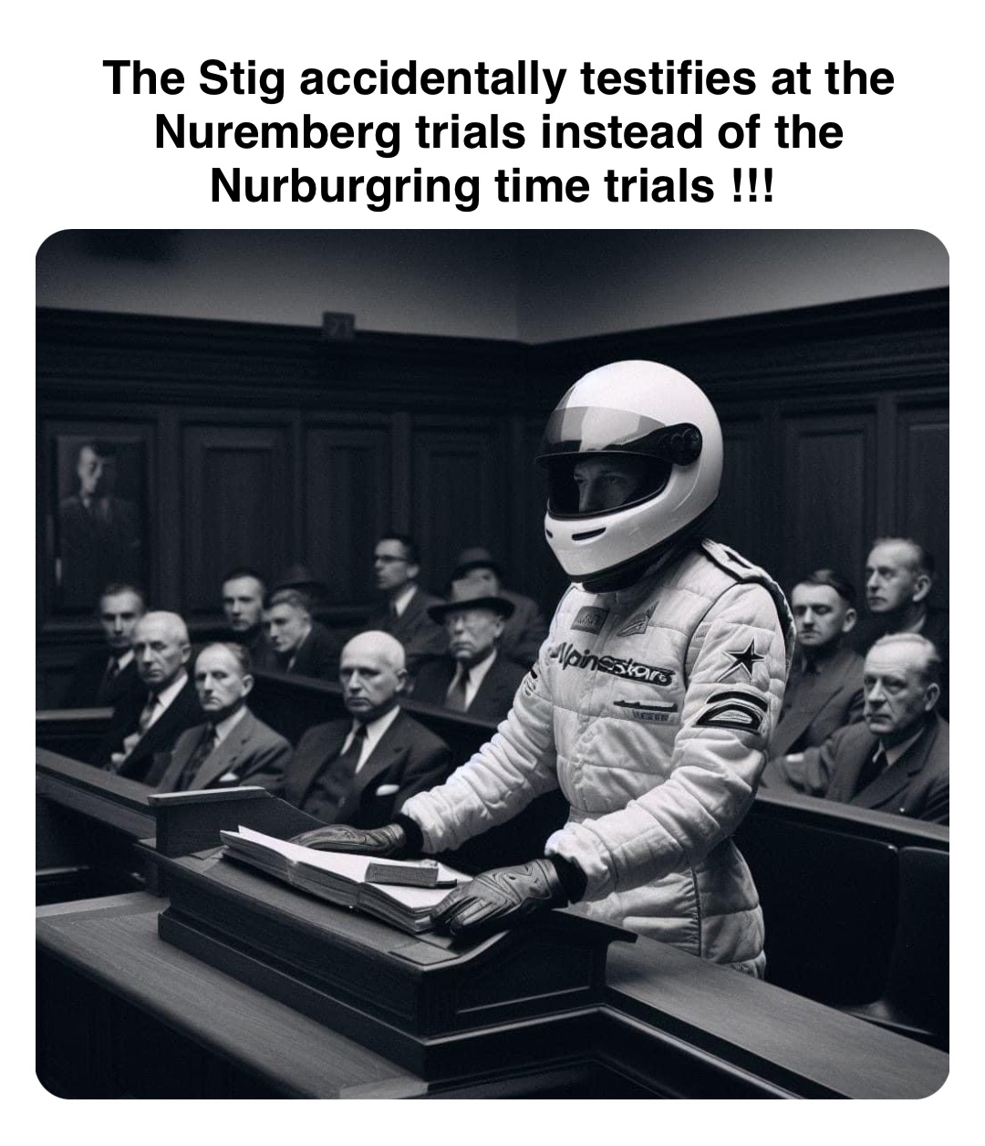 Double tap to edit The Stig accidentally testifies at the Nuremberg trials instead of the Nurburgring time trials !!!