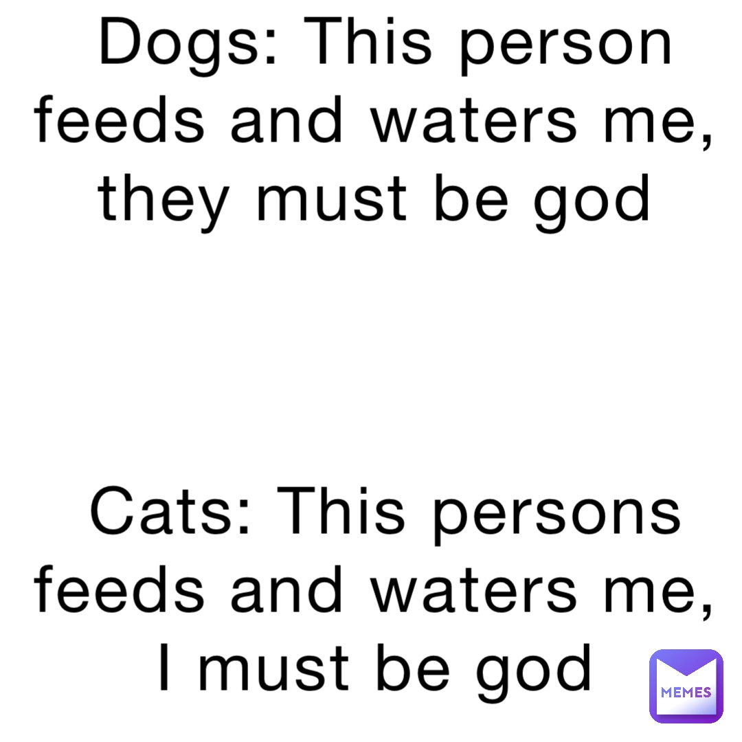 Dogs: This person feeds and waters me, they must be god



Cats: This persons feeds and waters me, I must be god