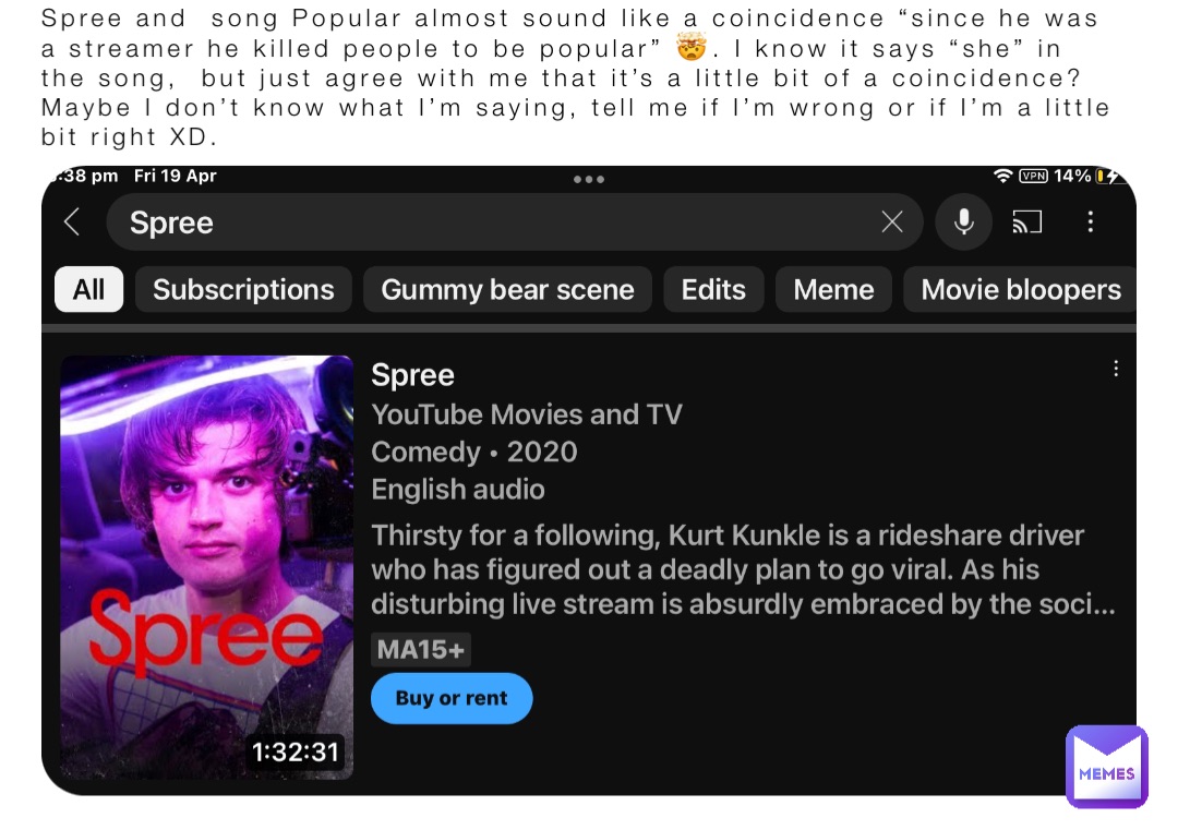 Spree and  song Popular almost sound like a coincidence “since he was a streamer he killed people to be popular” 🤯. I know it says “she” in the song,  but just agree with me that it’s a little bit of a coincidence? Maybe I don’t know what I’m saying, tell me if I’m wrong or if I’m a little bit right XD.