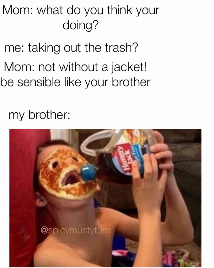 Mom: not without a jacket!
be sensible like your brother

 @spicymustyturd my brother: Mom: what do you think your doing? me: taking out the trash?