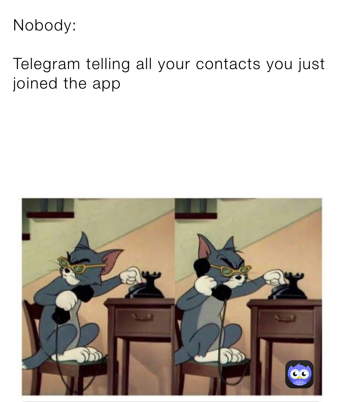 Nobody:

Telegram telling all your contacts you just joined the app