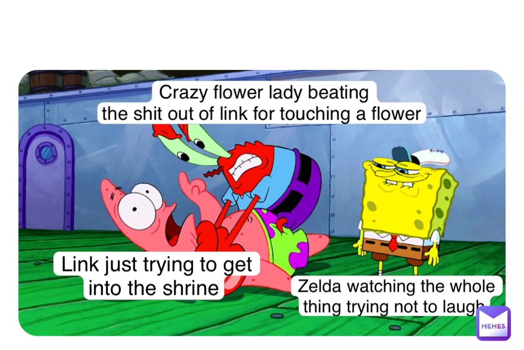Link just trying to get 
into the shrine Crazy flower lady beating 
the shit out of link for touching a flower Zelda watching the whole 
thing trying not to laugh