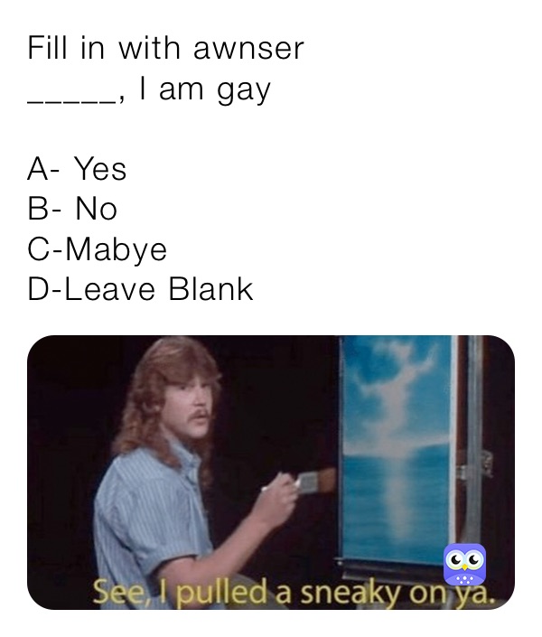 Fill in with awnser 
_____, I am gay

A- Yes
B- No
C-Mabye
D-Leave Blank