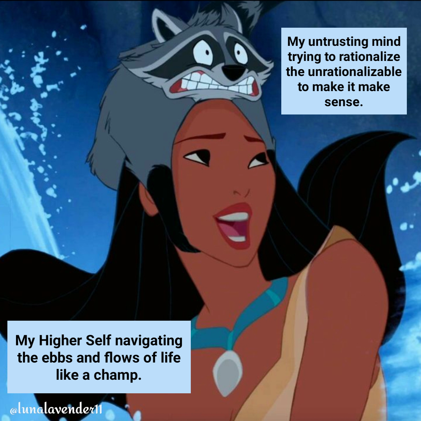 My untrusting mind trying to rationalize the unrationalizable to make it make sense. @lunalavender11 My Higher Self navigating the ebbs and flows of life like a champ.