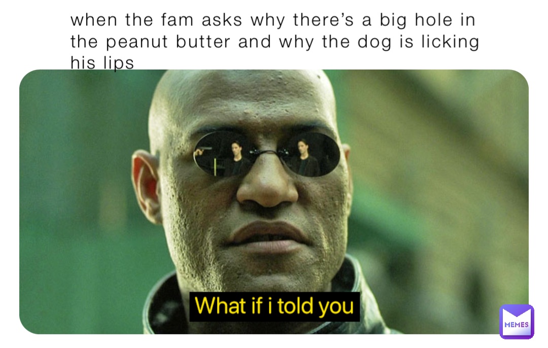 when the fam asks why there’s a big hole in the peanut butter and why the dog is licking his lips