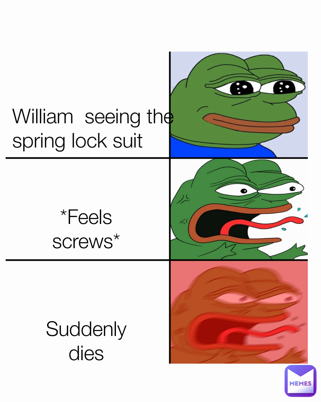 *Feels screws* William  seeing the spring lock suit Suddenly dies