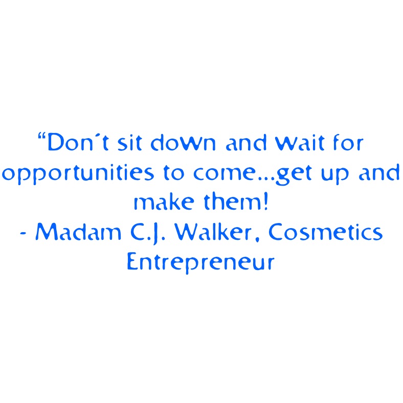 “Don’t sit down and wait for opportunities to come...get up and make them! 
- Madam C.J. Walker, Cosmetics Entrepreneur 