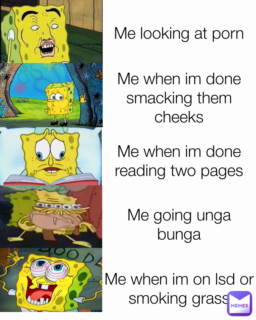 Me going unga bunga Me when im done smacking them cheeks Me when im done reading two pages Me when im on lsd or smoking grass Me looking at porn