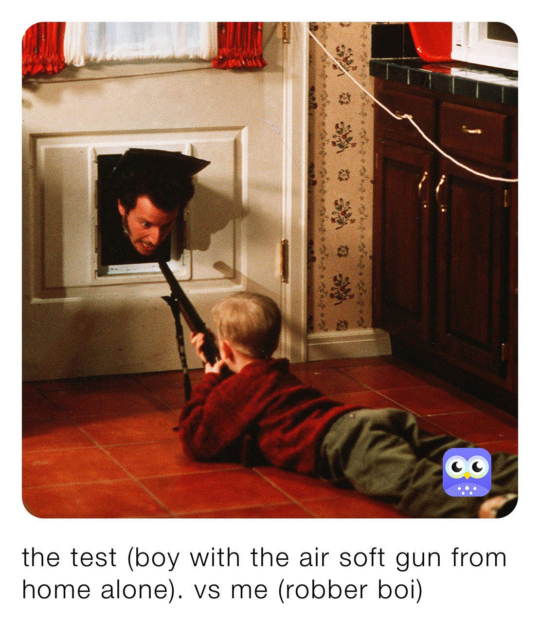 the test (boy with the air soft gun from home alone). vs me (robber boi)