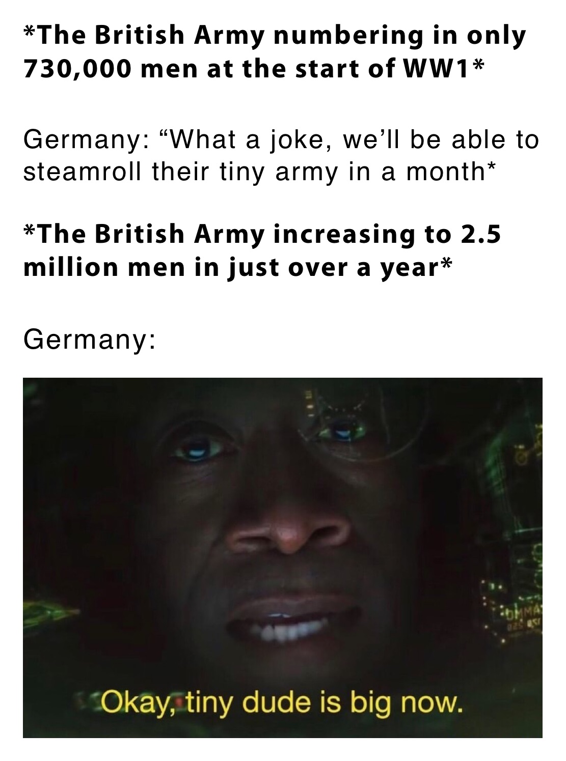 *The British Army numbering in only 730,000 men at the start of WW1*

Germany: “What a joke, we’ll be able to steamroll their tiny army in a month*

*The British Army increasing to 2.5 million men in just over a year*

Germany: