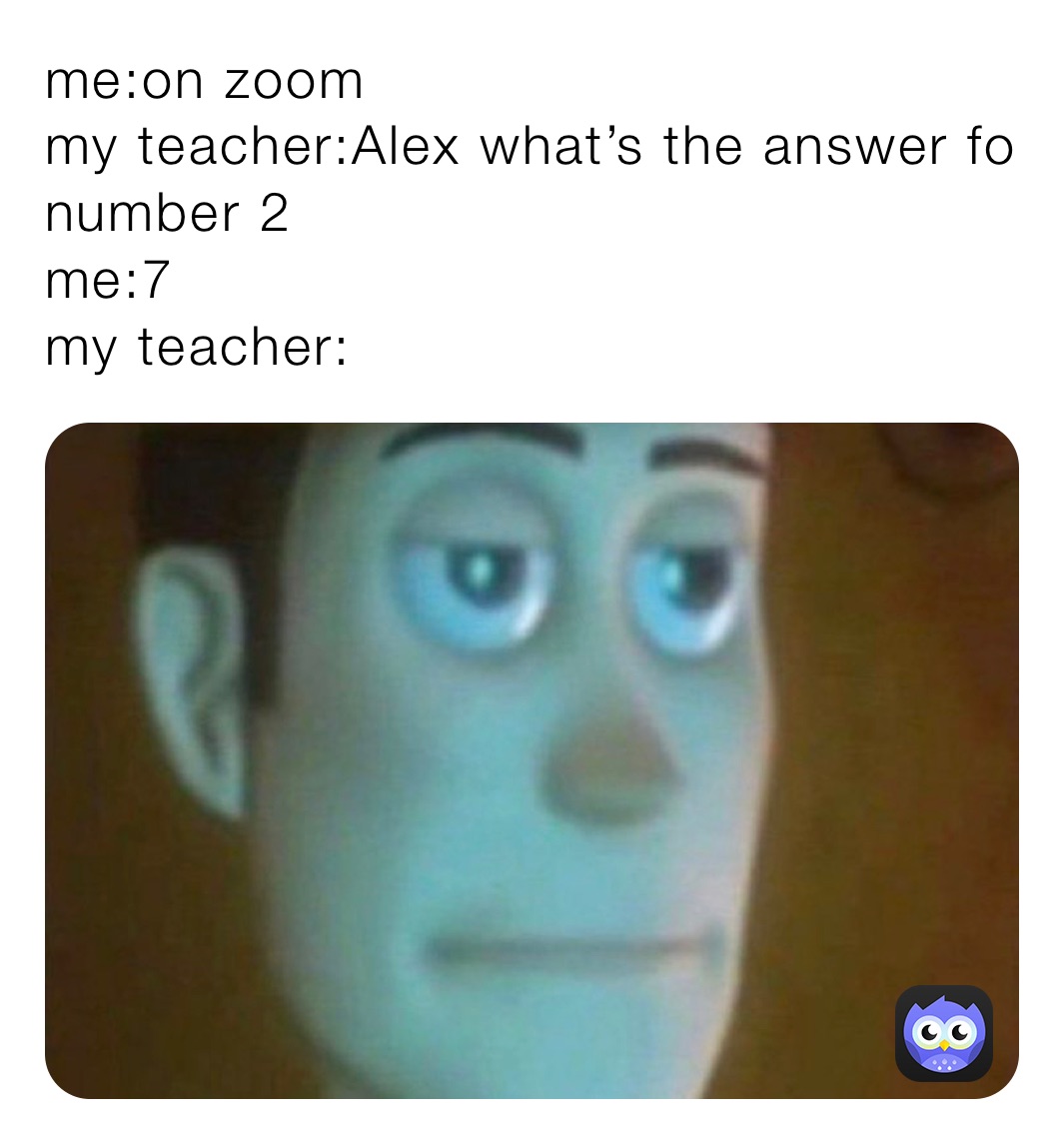me:on zoom
my teacher:Alex what’s the answer fo number 2
me:7
my teacher:
