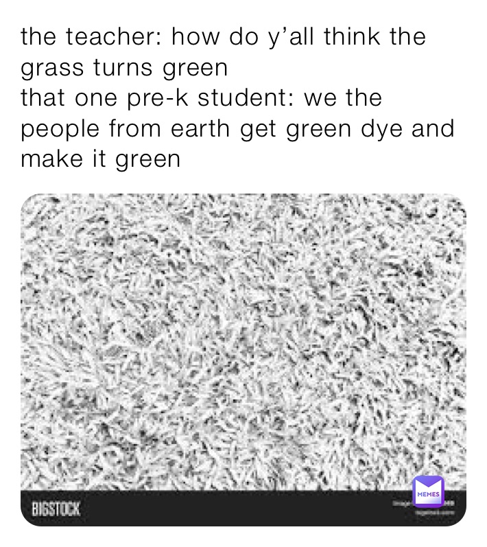 the teacher: how do y’all think the grass turns green
that one pre-k student: we the people from earth get green dye and make it green