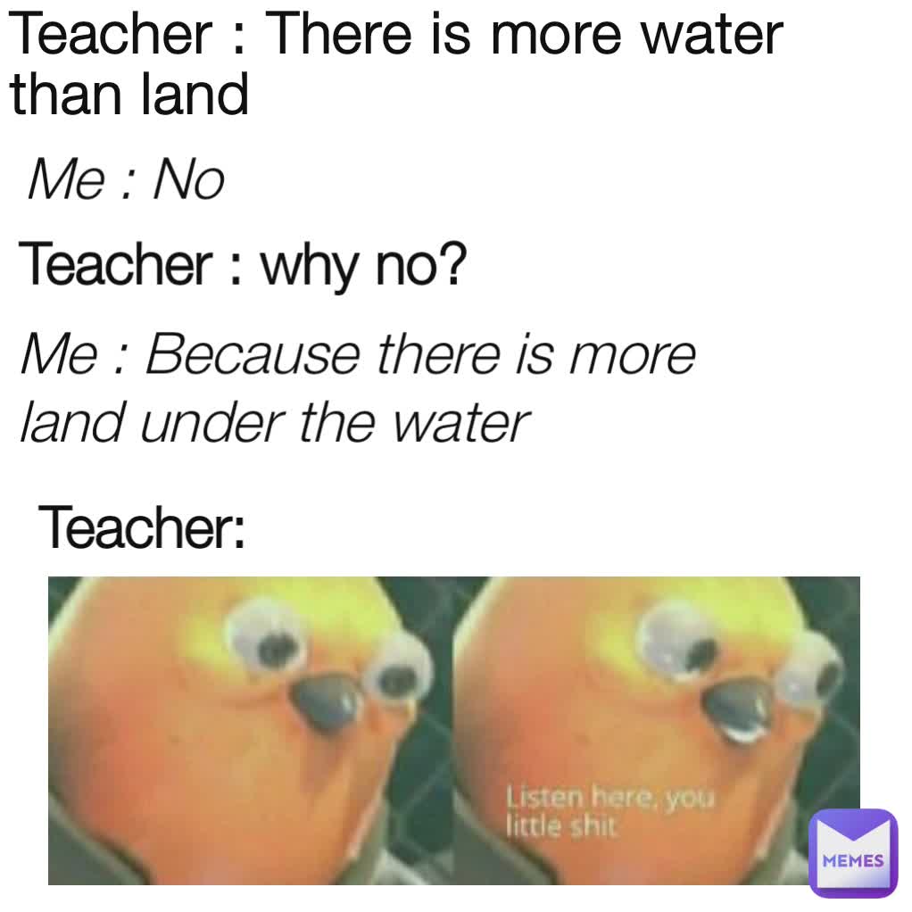 Teacher : There is more water than land Teacher: Me : Because there is more land under the water Teacher : why no?  Me : No