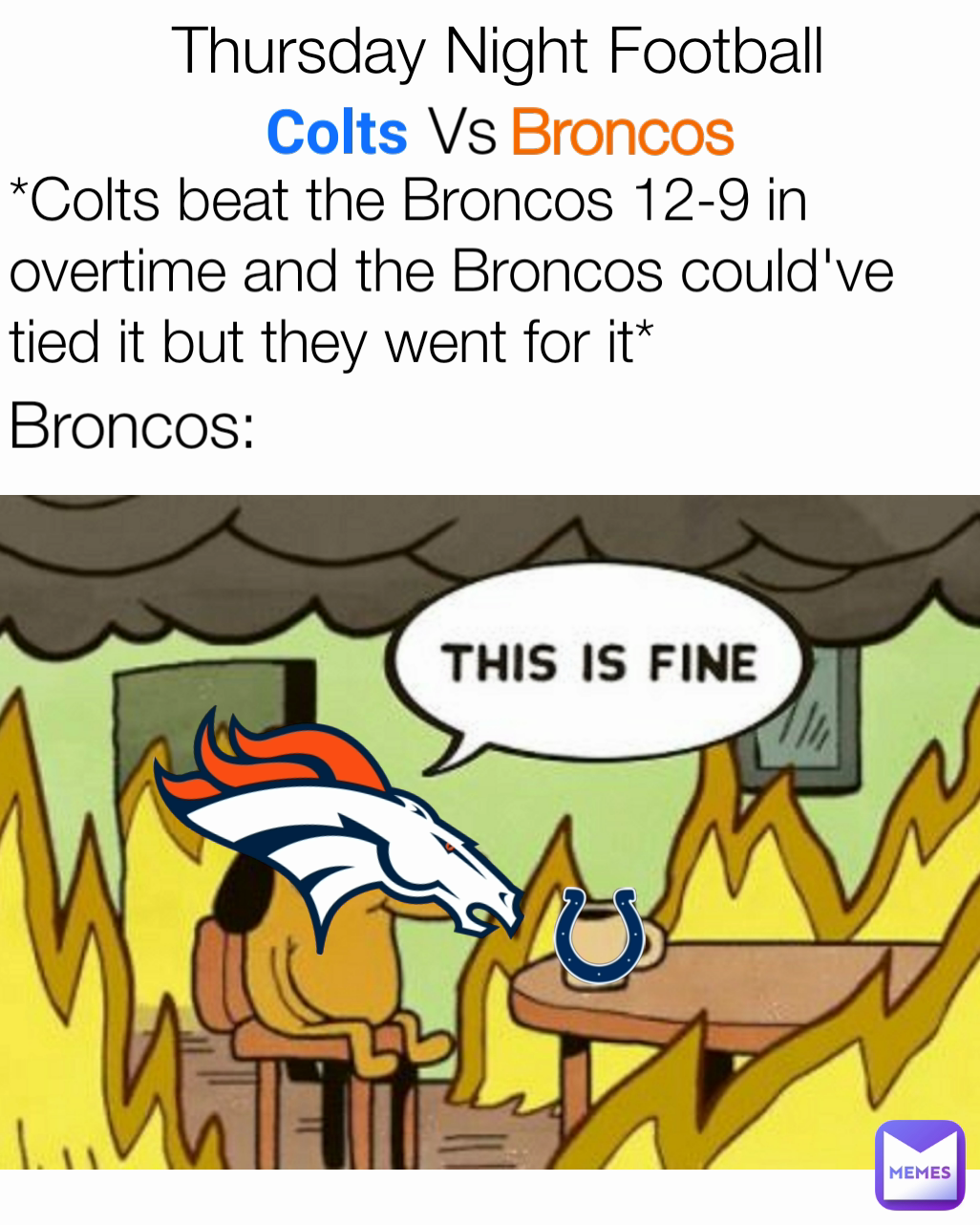 Colts *Colts beat the Broncos 12-9 in overtime and the Broncos could've tied it but they went for it* Thursday Night Football  Broncos  Vs Broncos: