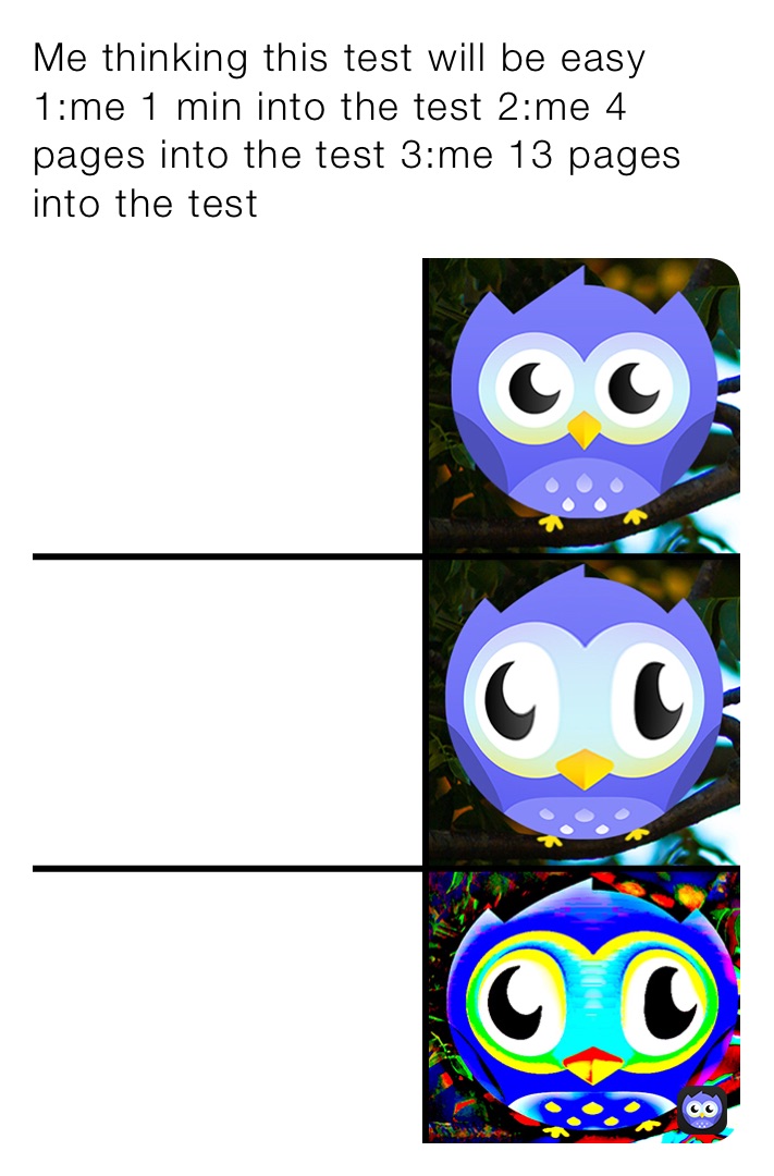 Me thinking this test will be easy 1:me 1 min into the test 2:me 4 pages into the test 3:me 13 pages into the test