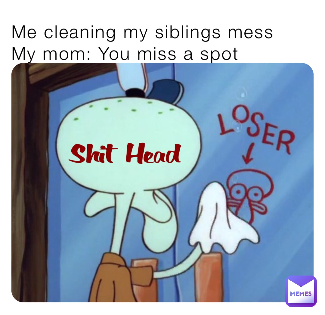 Me cleaning my siblings mess
My mom: You miss a spot Shit Head