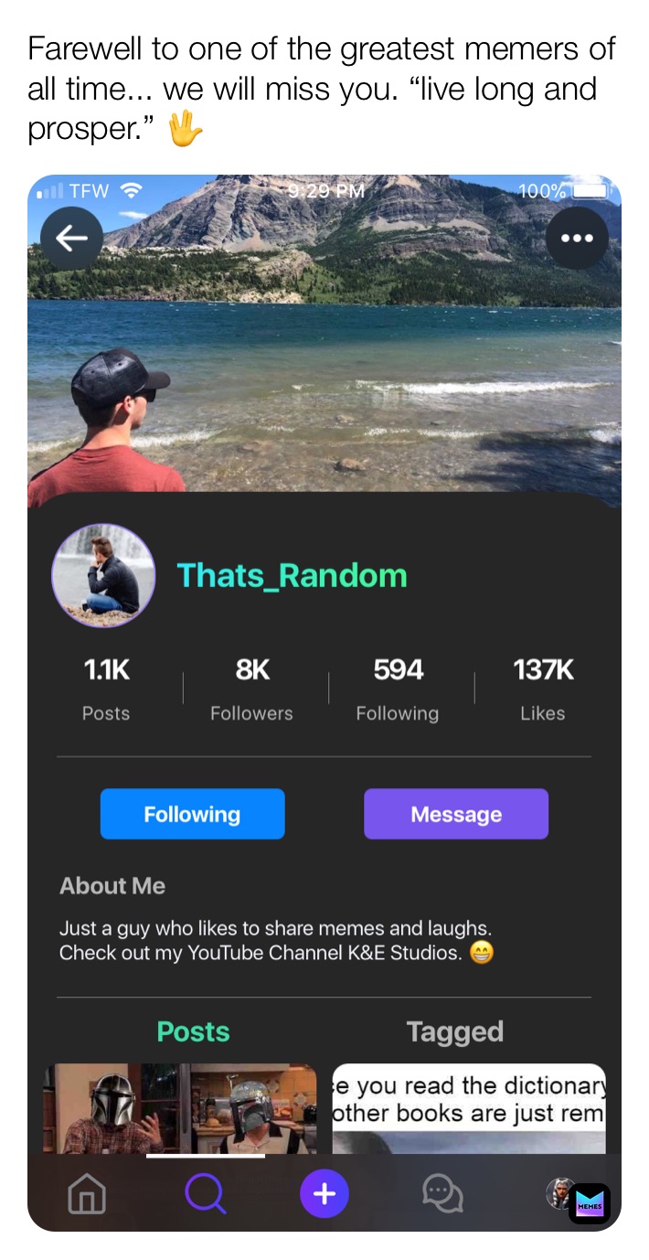 Farewell to one of the greatest memers of all time... we will miss you. “live long and prosper.” 🖖