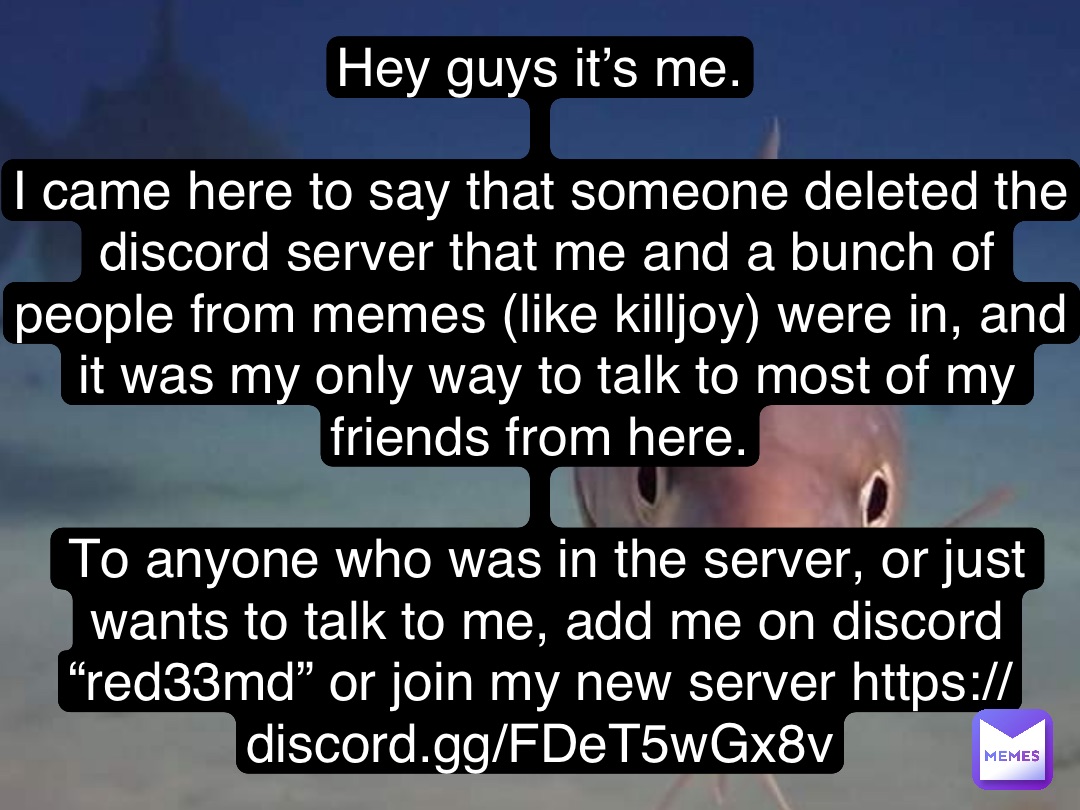 Hey guys it’s me.

I came here to say that someone deleted the discord server that me and a bunch of people from memes (like killjoy) were in, and it was my only way to talk to most of my friends from here.

To anyone who was in the server, or just wants to talk to me, add me on discord “red33md” or join my new server https://discord.gg/FDeT5wGx8v