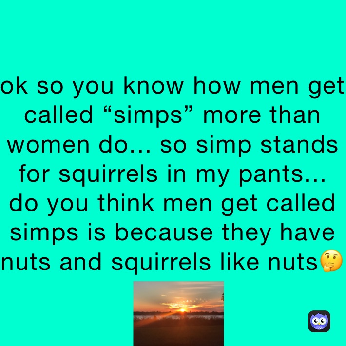 ok so you know how men get called “simps” more than women do... so simp stands for squirrels in my pants... do you think men get called simps is because they have nuts and squirrels like nuts🤔