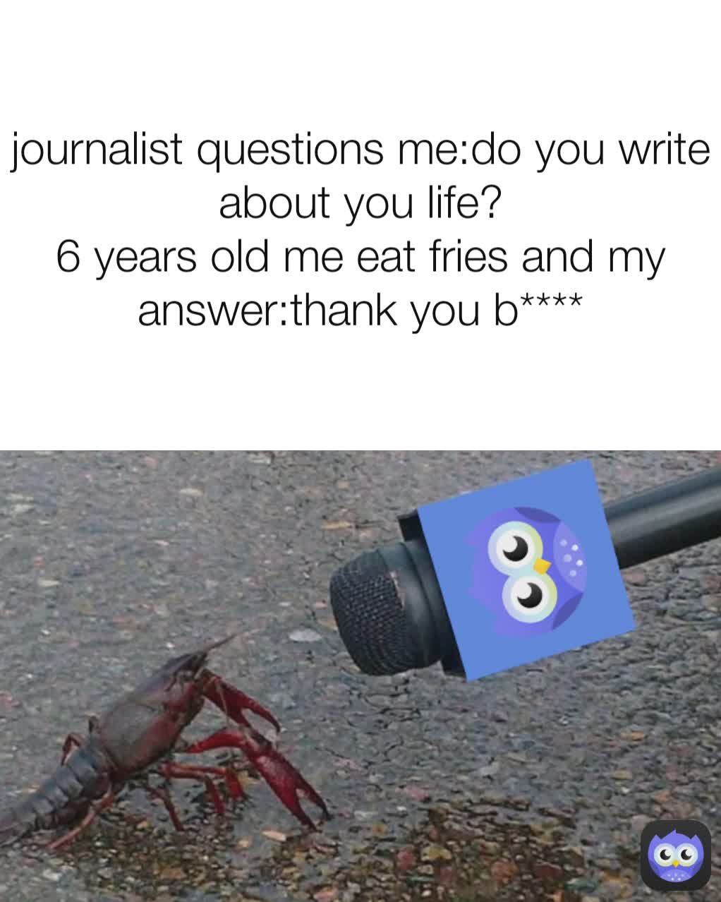 journalist questions me:do you write about you life?
6 years old me eat fries and my answer:thank you b****