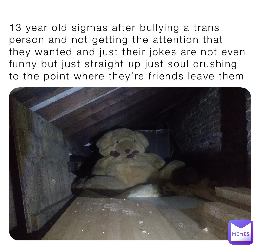 13 year old sigmas after bullying a trans person and not getting the attention that they wanted and just their jokes are not even funny but just straight up just soul crushing to the point where they’re friends leave them