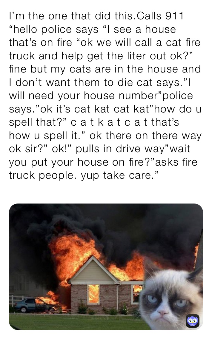 I’m the one that did this.Calls 911 “hello police says “I see a house that’s on fire “ok we will call a cat fire truck and help get the liter out ok?” fine but my cats are in the house and I don’t want them to die cat says.”I will need your house number”police says.”ok it’s cat kat cat kat”how do u spell that?” c a t k a t c a t that’s how u spell it.” ok there on there way ok sir?” ok!” pulls in drive way”wait you put your house on fire?”asks fire truck people. yup take care.” 
