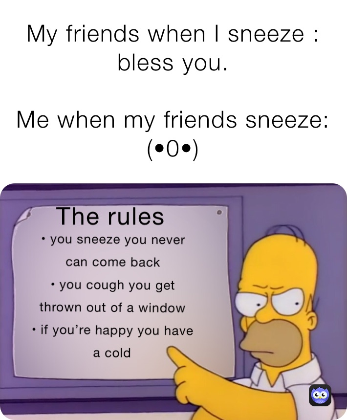 My friends when I sneeze : bless you.

Me when my friends sneeze: (•0•) 