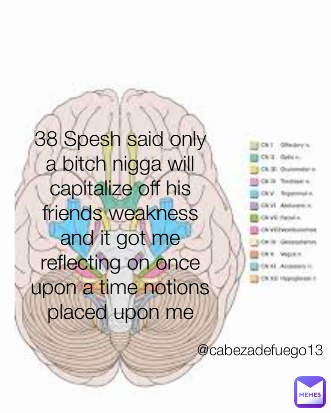 @cabezadefuego13 38 Spesh said only a bitch nigga will capitalize off his friends weakness and it got me reflecting on once upon a time notions placed upon me