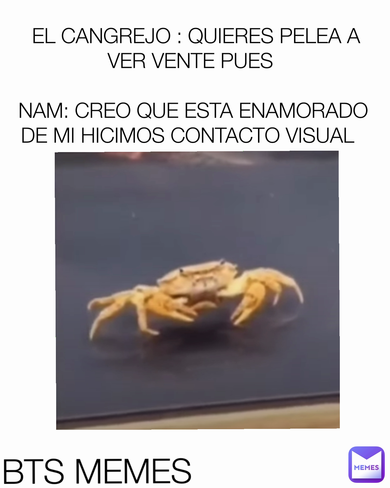 EL CANGREJO : QUIERES PELEA A VER VENTE PUES NAM: CREO QUE ESTA ENAMORADO DE  MI HICIMOS CONTACTO VISUAL BTS MEMES | @anapaz1221 | Memes, image size:1368x1710