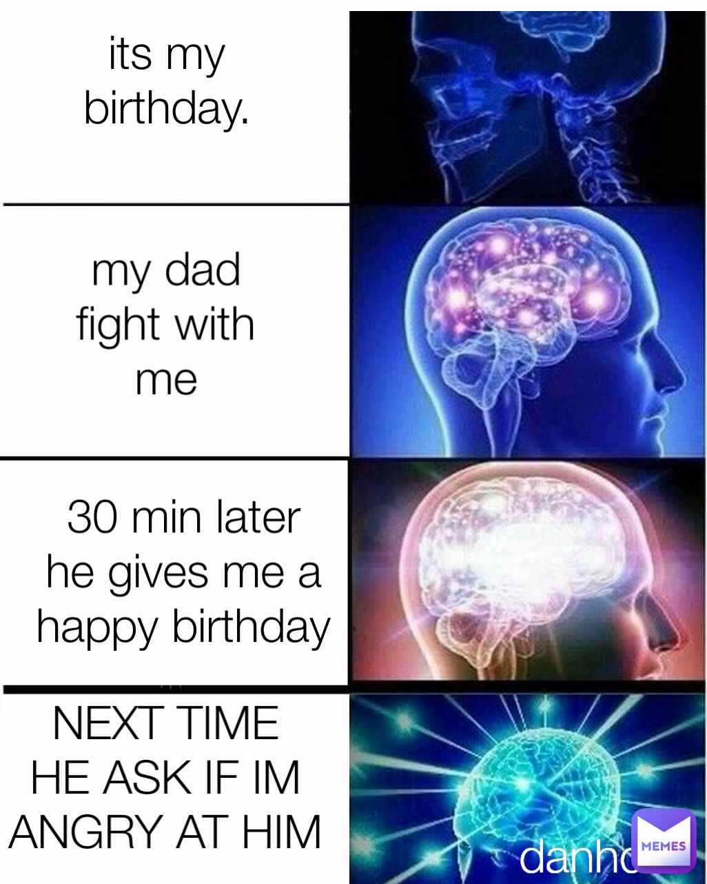 its my birthday. my dad fight with me 30 min later he gives me a happy birthday
 danhdz
 NEXT TIME HE ASK IF IM ANGRY AT HIM
