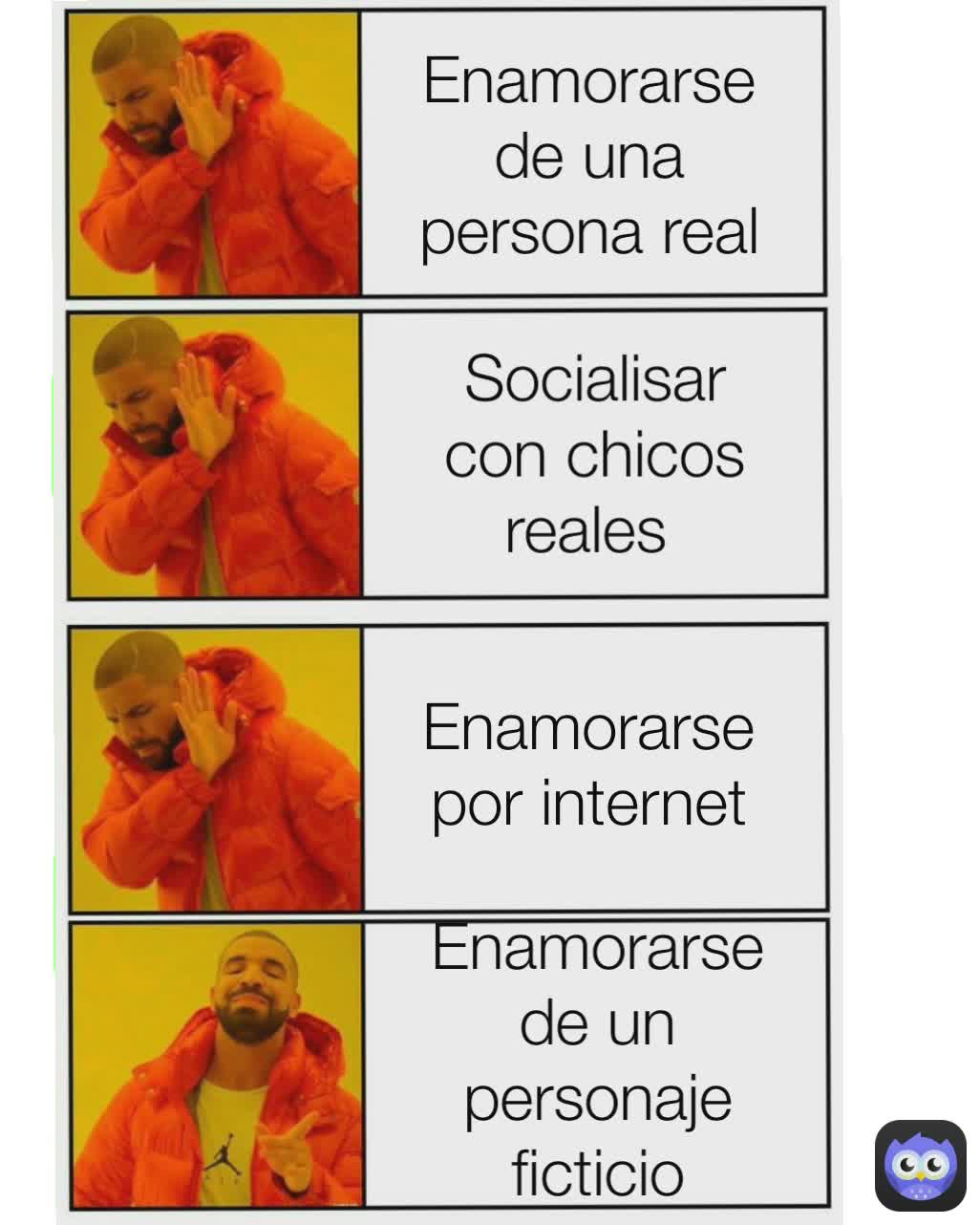 Enamorarse de un personaje ficticio Enamorarse por internet Tener citas por internet  Socialisar con chicos  Enamorase de una  persona real Enamorarse de una persona real Socialisar con chicos reales 