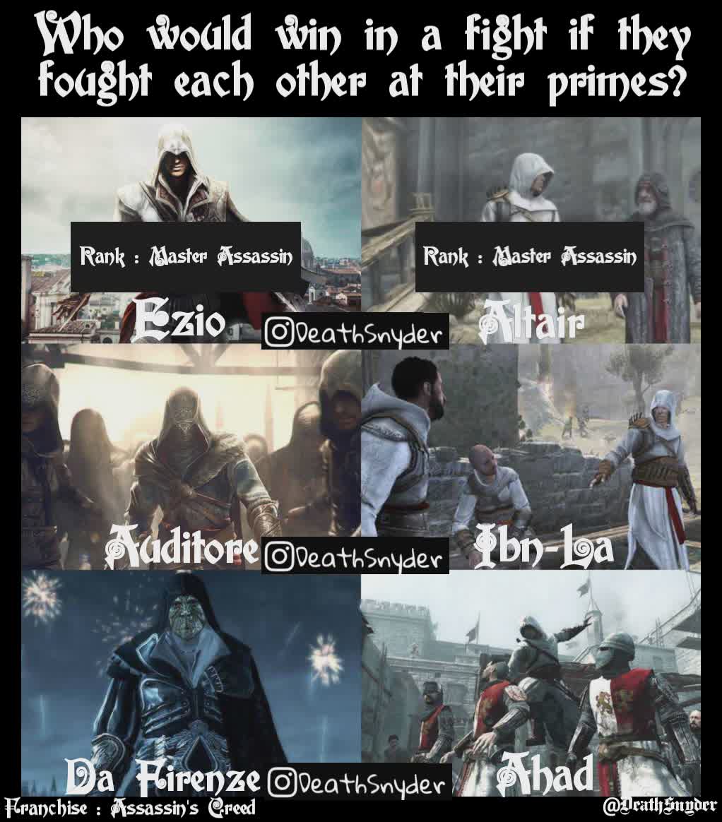 Auditore Da Firenze Ezio Ibn-La Ahad Franchise : Assassin's Creed @DeathSnyder Altair Rank : Master Assassin Rank : Master Assassin Who would win in a fight if they fought each other at their primes?