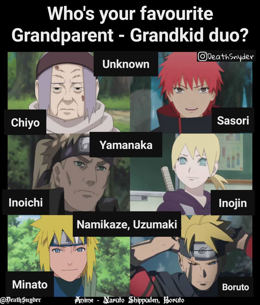 Minato Boruto Chiyo Inoichi Inojin Namikaze, Uzumaki Unknown Anime - Naruto Shippuden, Boruto Who's your favourite Grandparent - Grandkid duo? Yamanaka Sasori @DeathSnyder