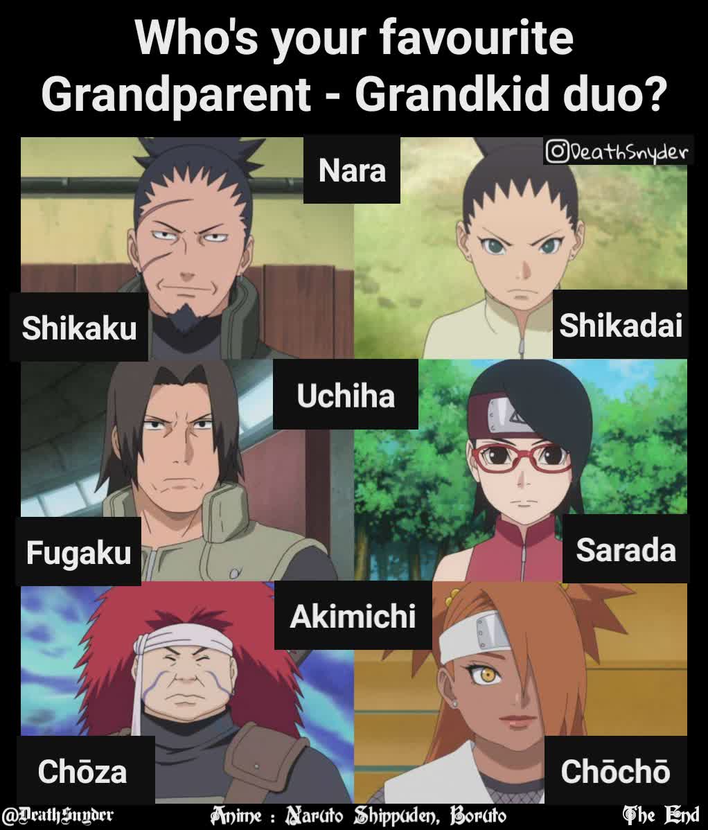 Akimichi Anime : Naruto Shippuden, Boruto Nara Shikaku Uchiha Fugaku Chōza  Chōchō The End @DeathSnyder Who's your favourite Grandparent - Grandkid duo? Sarada Shikadai