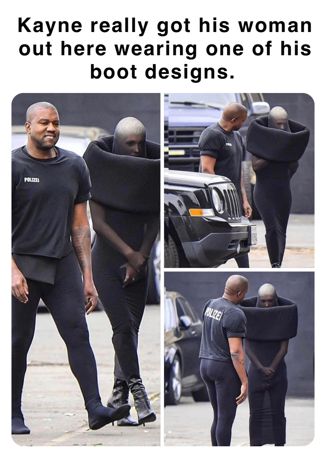 Kayne really got his woman out here wearing one of his boot designs.