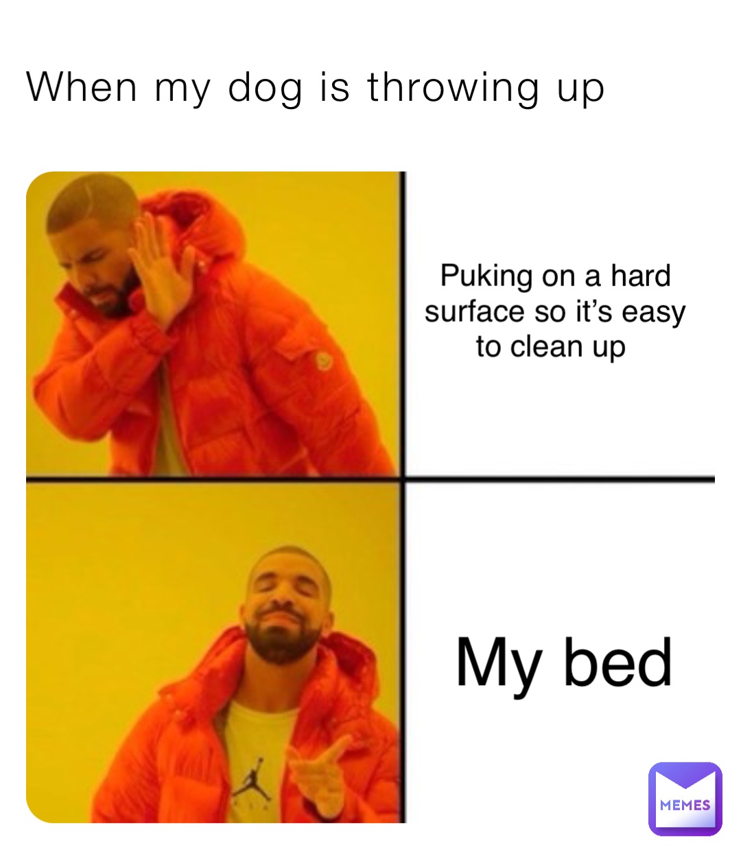 When my dog is throwing up Puking on a hard surface so it’s easy to clean up My bed