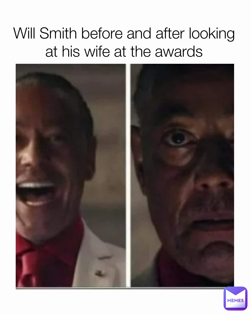 Will Smith before and after looking at his wife at the awards
