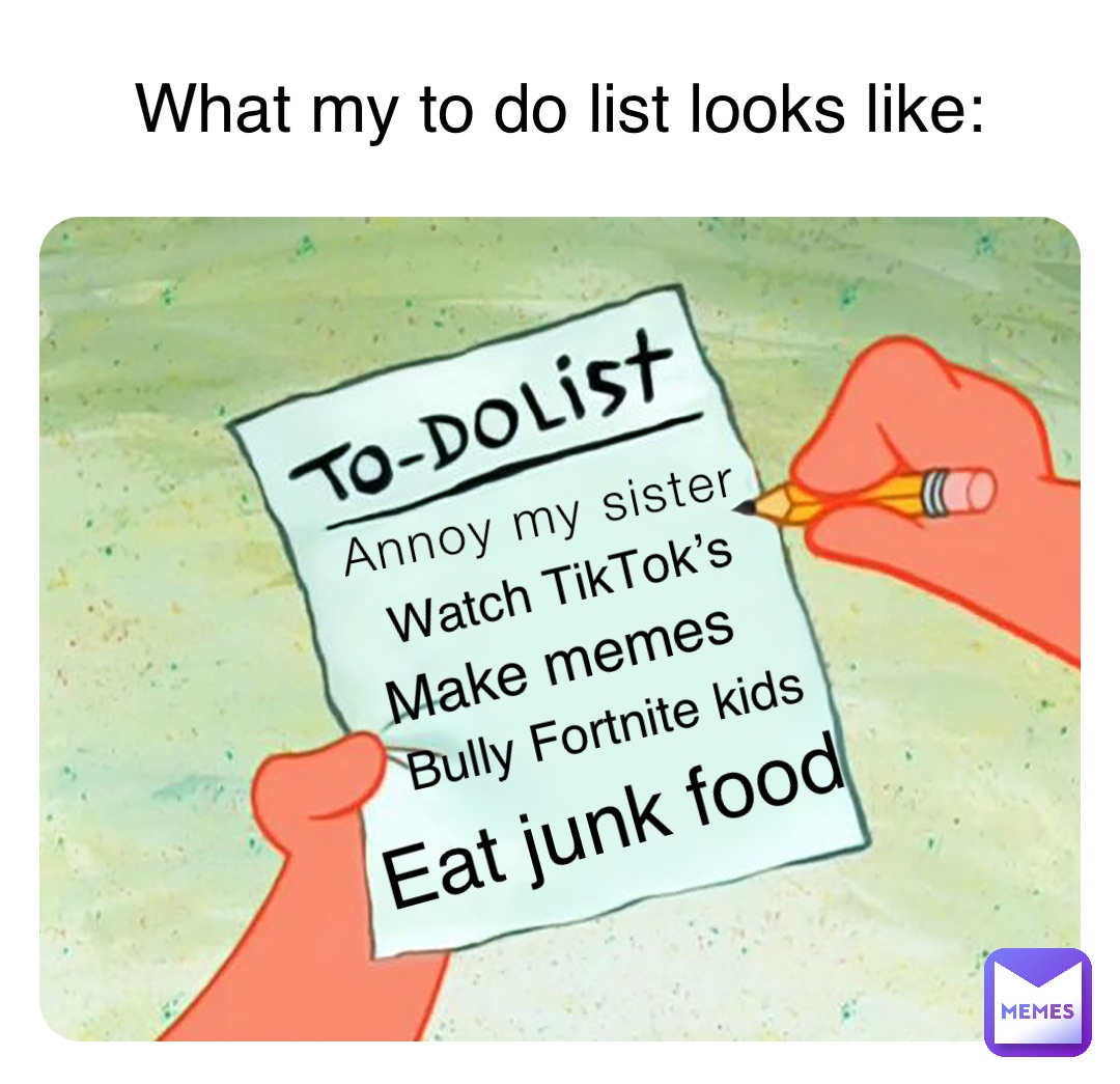 Annoy my sister Watch TikTok’s Make memes Bully Fortnite kids Eat junk food What my to do list looks like: