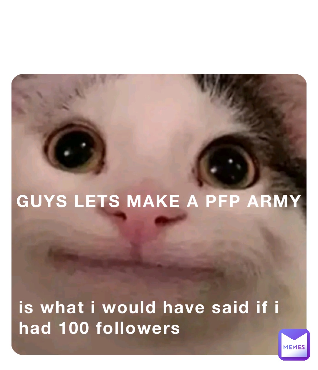 GUYS LETS MAKE A PFP ARMY is what i would have said if i had 100 followers