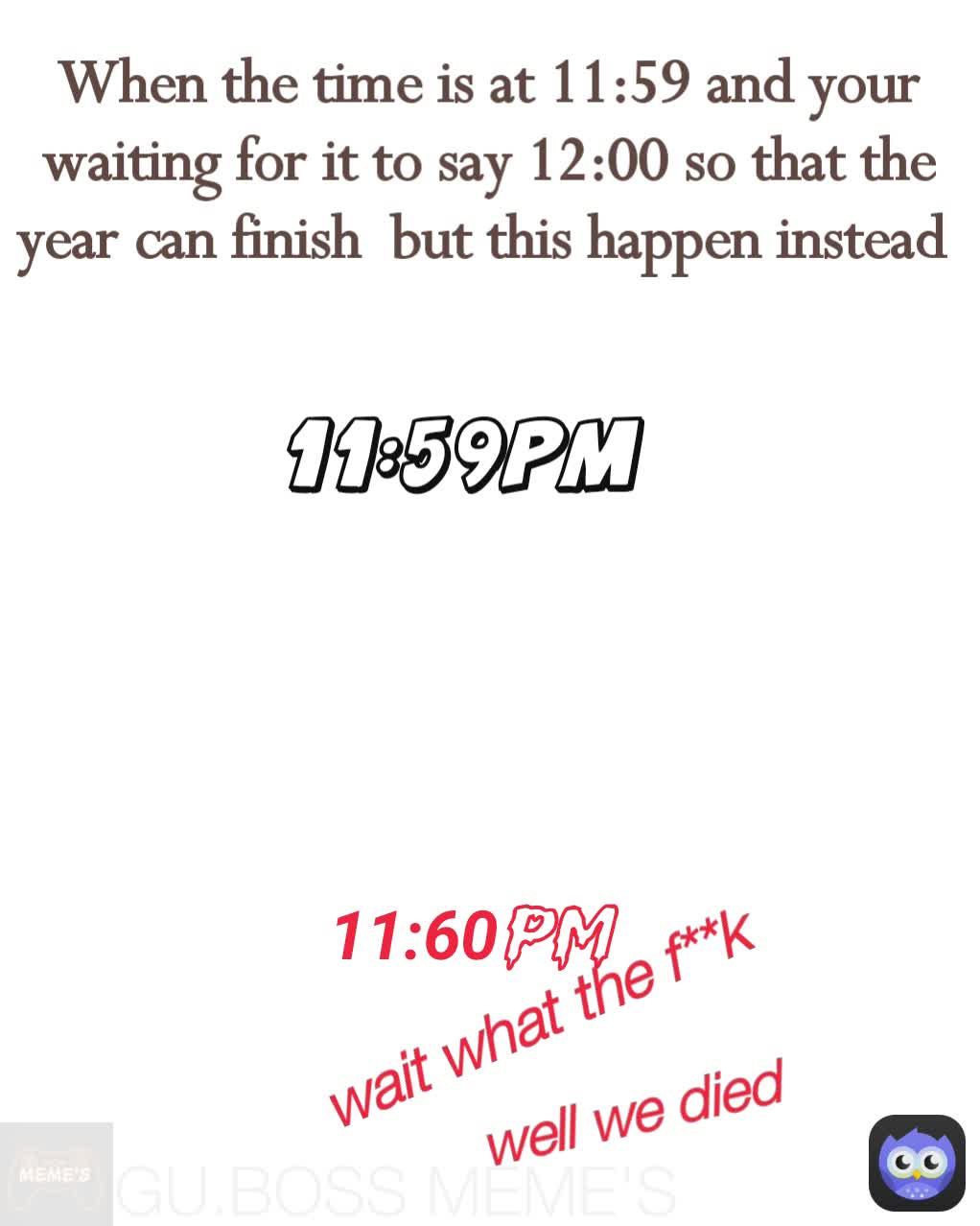 When the time is at 11:59 and your waiting for it to say 12:00 so that the year can finish  but this happen instead  GU.BOSS MEME'S  well we died  wait what the f**k  11:59pm 11:60pm