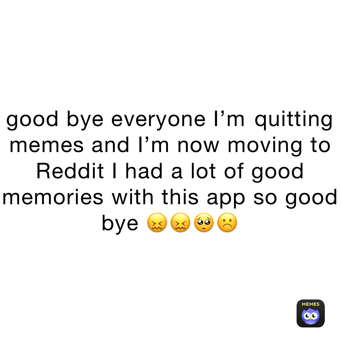 good bye everyone I’m ￼￼quitting￼memes and I’m now moving to Reddit I had a lot of good memories with this app so good bye 😖😖🥺☹️