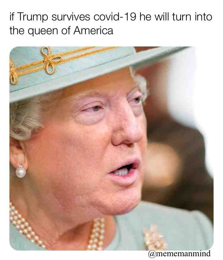 The new queen of america
.
.
.
.
.
.
.
.
#trump #queen #covid #19 #sick #meme #mememanmind #funny #joke #sick #illness #ill #hat #earrings \u200b