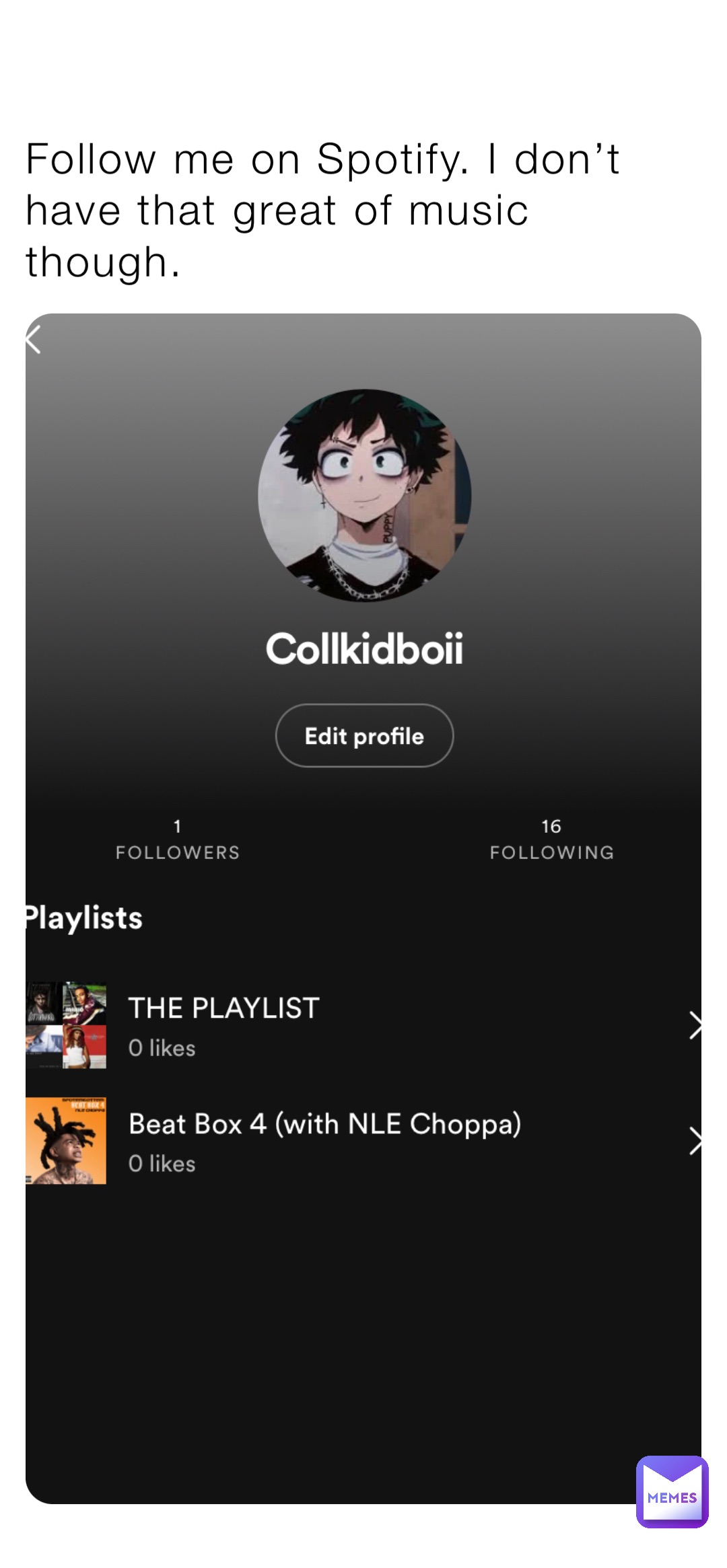 Follow me on Spotify. I don’t have that great of music though.