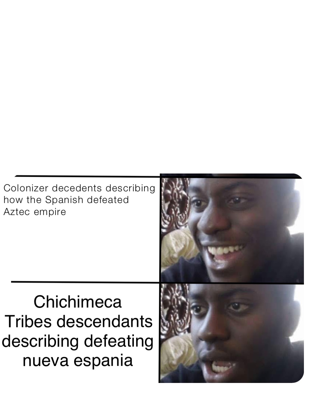Colonizer decedents describing how the Spanish defeated Aztec empire Chichimeca
Tribes descendants describing defeating nueva espania