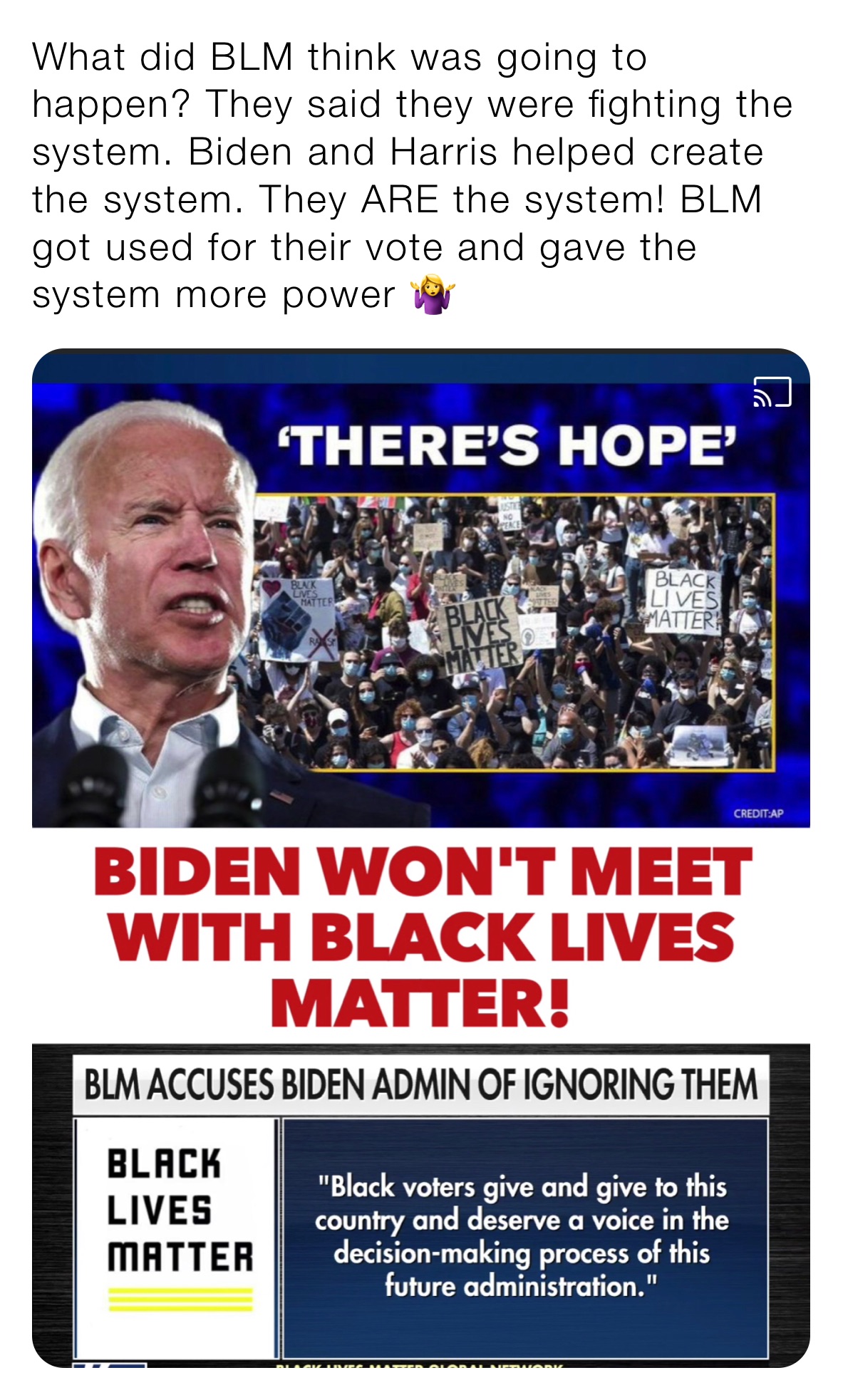 What did BLM think was going to happen? They said they were fighting the system. Biden and Harris helped create the system. They ARE the system! BLM got used for their vote and gave the system more power 🤷‍♀️