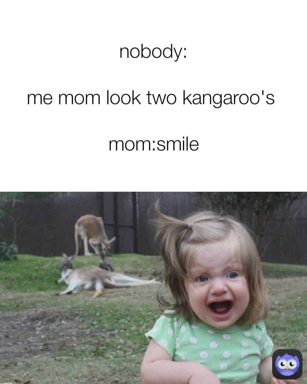 
nobody:

me mom look two kangaroo's 

mom:smile
