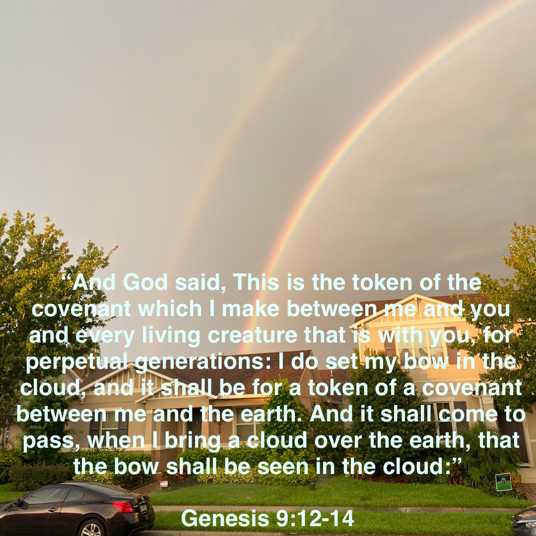 “And God said, This is the token of the covenant which I make between me and you and every living creature that is with you, for perpetual generations: I do set my bow in the cloud, and it shall be for a token of a covenant between me and the earth. And it shall come to pass, when I bring a cloud over the earth, that the bow shall be seen in the cloud:”

Genesis 9:12-14